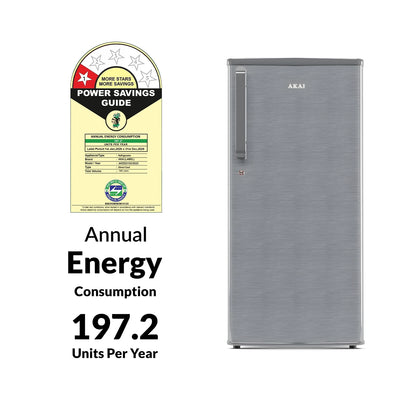 Akai 190L, 1 Star, Single Door Direct Cool Refrigerator (Hairline Grey Sliver) (AKDD2102-PHLG)