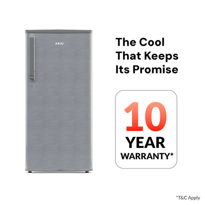 Akai 190L, 1 Star, Single Door Direct Cool Refrigerator (Hairline Grey Sliver) (AKDD2102-PHLG)