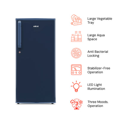 Akai 190L, 1 Star, Single Door Direct Cool Refrigerator (Solid Plain Blue) (AKDD2102-PSPB)