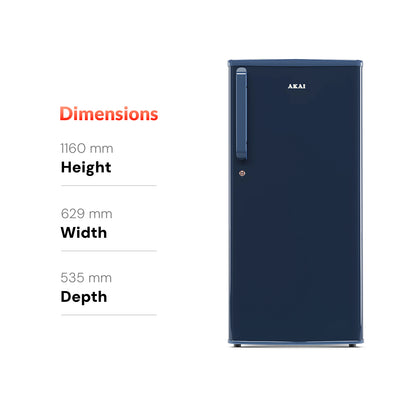 Akai 190L, 1 Star, Single Door Direct Cool Refrigerator (Solid Plain Blue) (AKDD2102-PSPB)