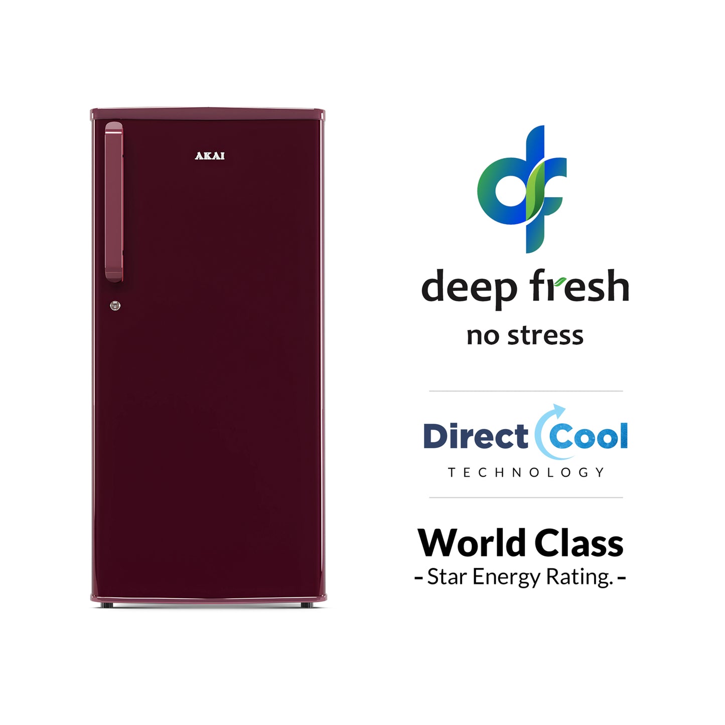 Akai 190L, 1 Star, Single Door Direct Cool Refrigerator (Solid Plain Wine) (AKDD2102-PSPW)