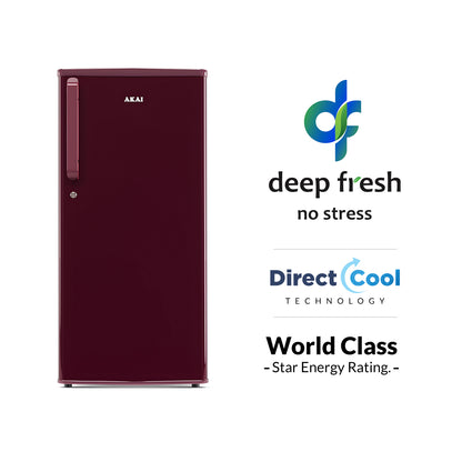 Akai 190L, 1 Star, Single Door Direct Cool Refrigerator (Solid Plain Wine) (AKDD2102-PSPW)