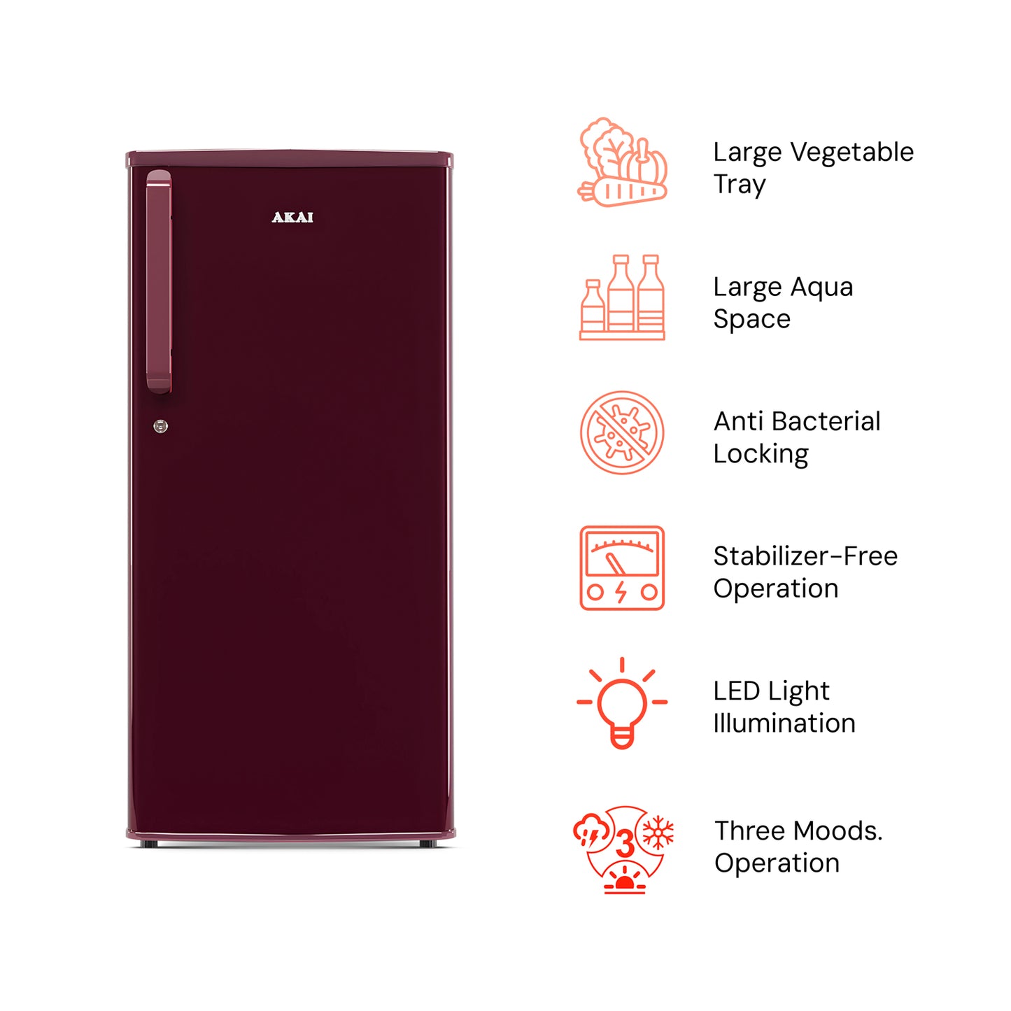 Akai 190L, 1 Star, Single Door Direct Cool Refrigerator (Solid Plain Wine) (AKDD2102-PSPW)