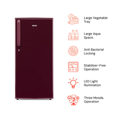 Akai 190L, 1 Star, Single Door Direct Cool Refrigerator (Solid Plain Wine) (AKDD2102-PSPW)