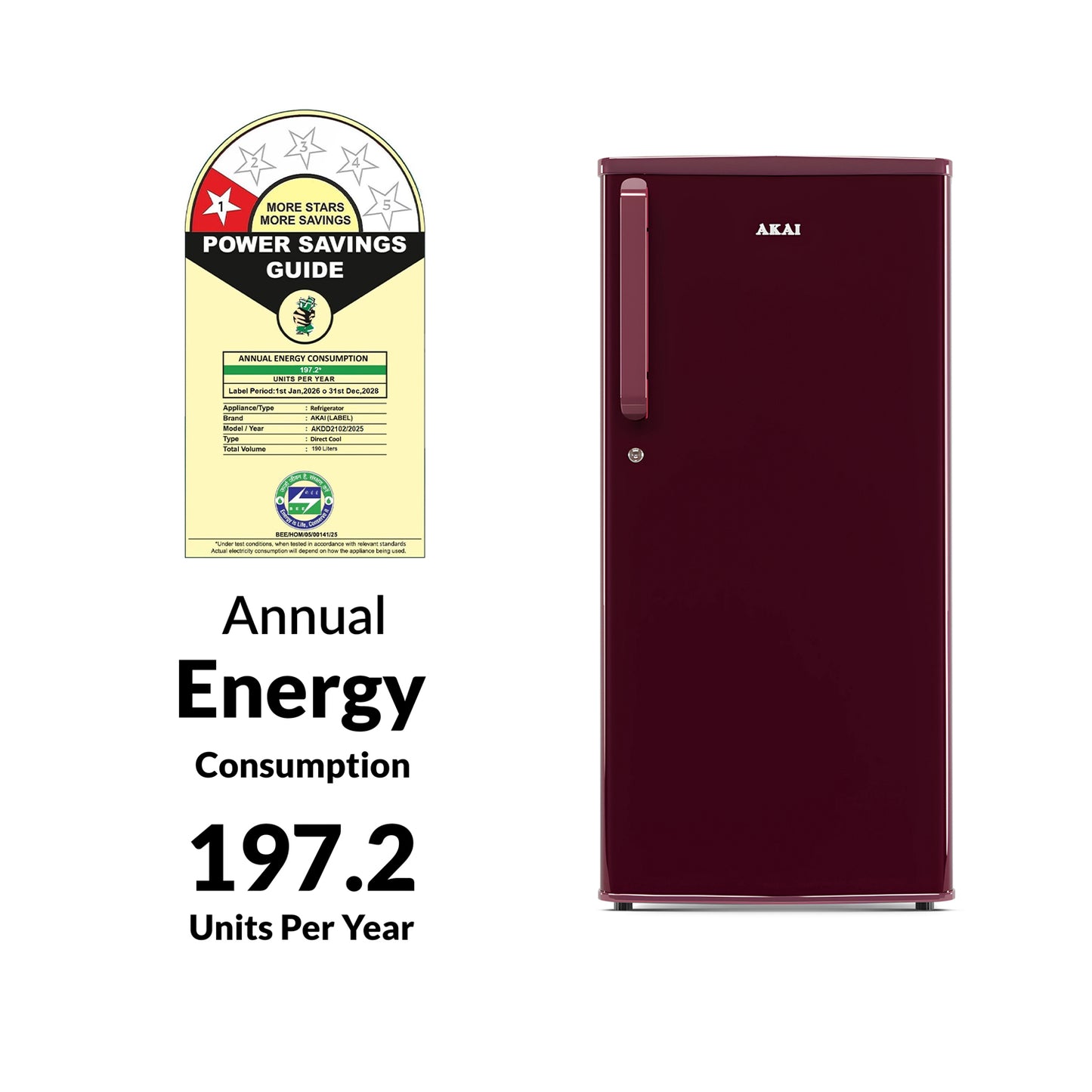 Akai 190L, 1 Star, Single Door Direct Cool Refrigerator (Solid Plain Wine) (AKDD2102-PSPW)