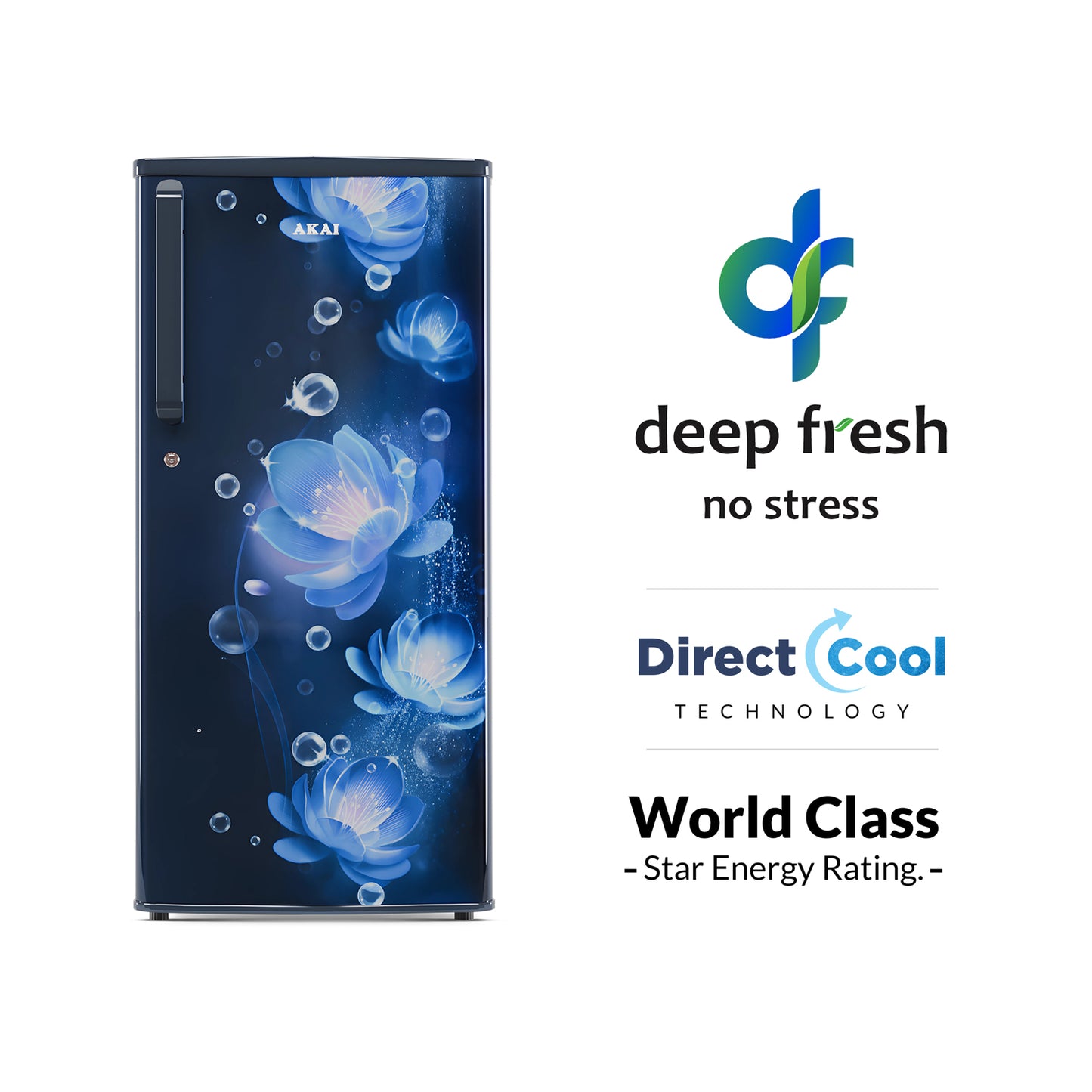 Akai 215L, 1 Star, Single Door Direct Cool Refrigerator (Continious Flower Blue) (AKDD2352-PCFB)