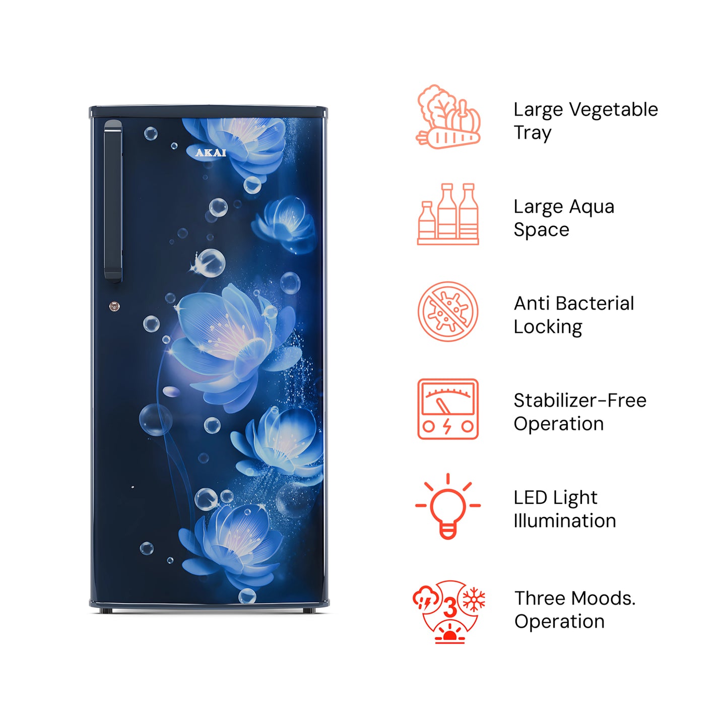 Akai 215L, 1 Star, Single Door Direct Cool Refrigerator (Continious Flower Blue) (AKDD2352-PCFB)