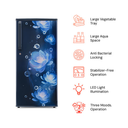 Akai 215L, 1 Star, Single Door Direct Cool Refrigerator (Continious Flower Blue) (AKDD2352-PCFB)