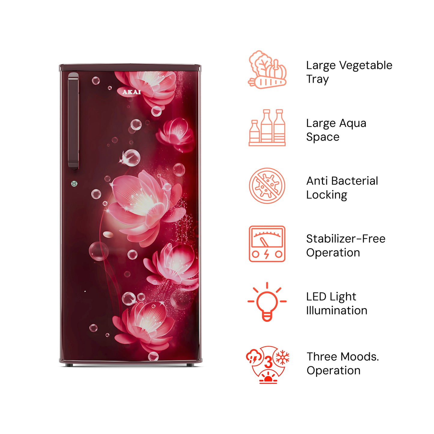 Akai 215L, 1 Star, Single Door Direct Cool Refrigerator (Continious Flower Wine) (AKDD2352-PCFW)
