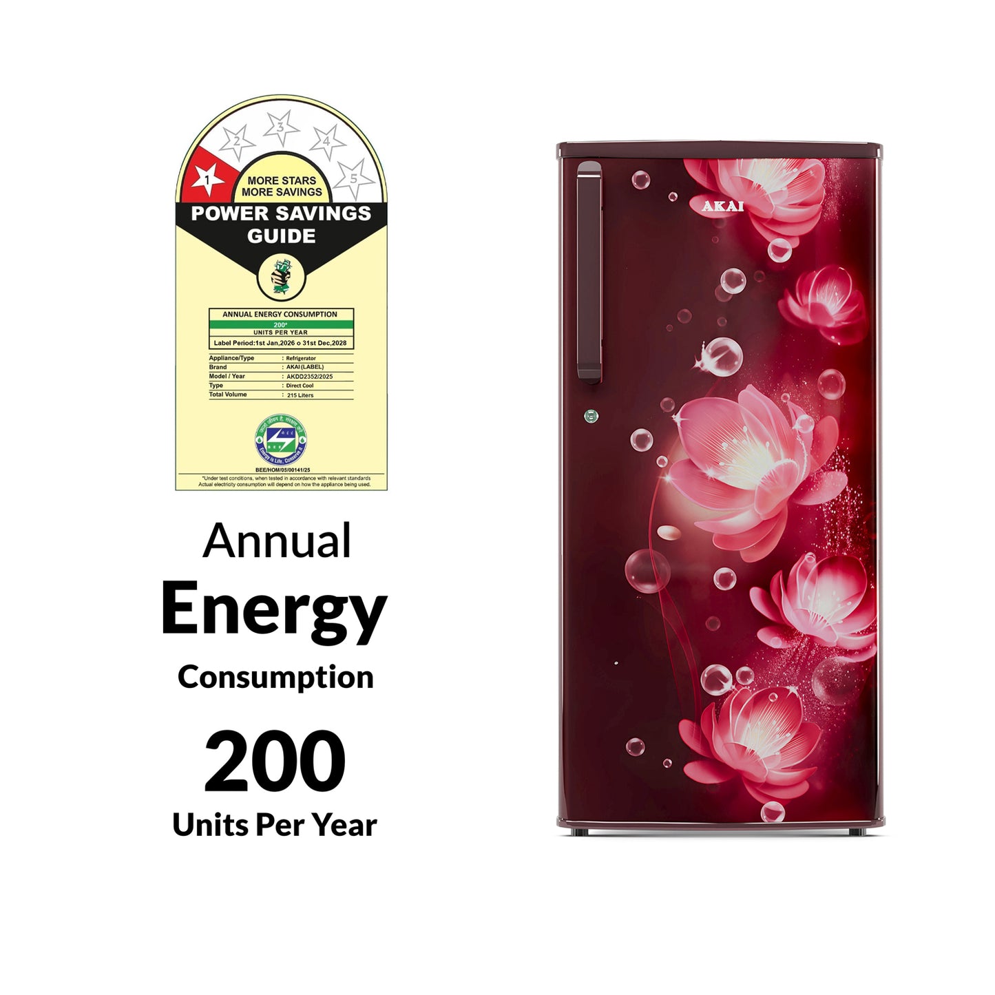 Akai 215L, 1 Star, Single Door Direct Cool Refrigerator (Continious Flower Wine) (AKDD2352-PCFW)