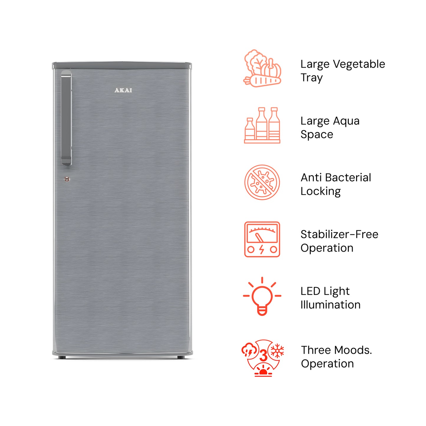 Akai 215L, 1 Star, Single Door Direct Cool Refrigerator (Hairline Grey Sliver) (AKDD2352-PHLG)