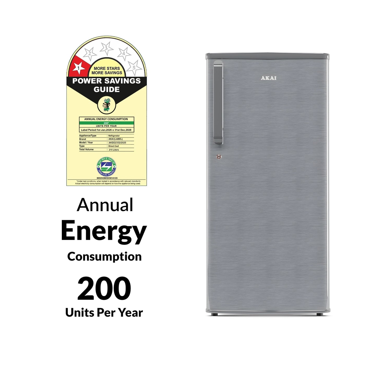 Akai 215L, 1 Star, Single Door Direct Cool Refrigerator (Hairline Grey Sliver) (AKDD2352-PHLG)