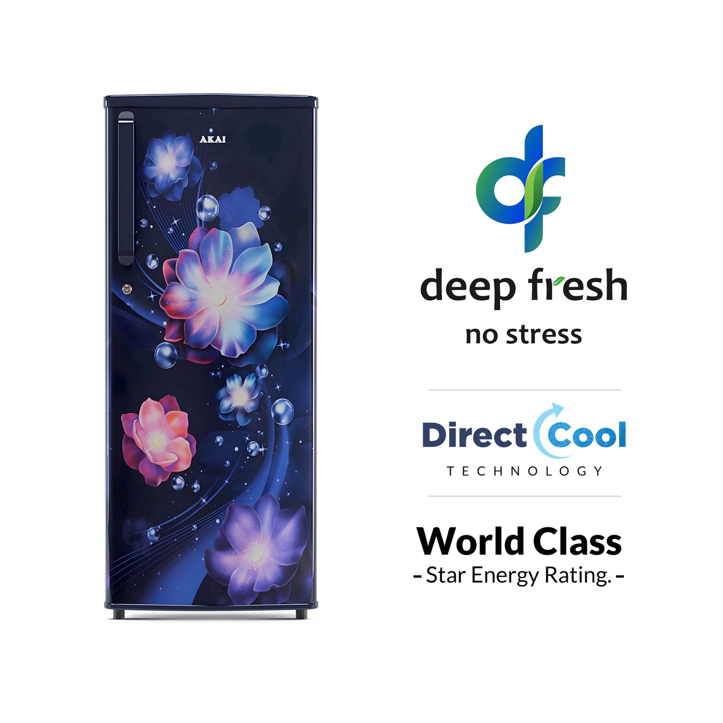 Akai 230L, 1 Star, Single Door Direct Cool Refrigerator (Continious Flower Blue) (AKDD2502-PCFB)