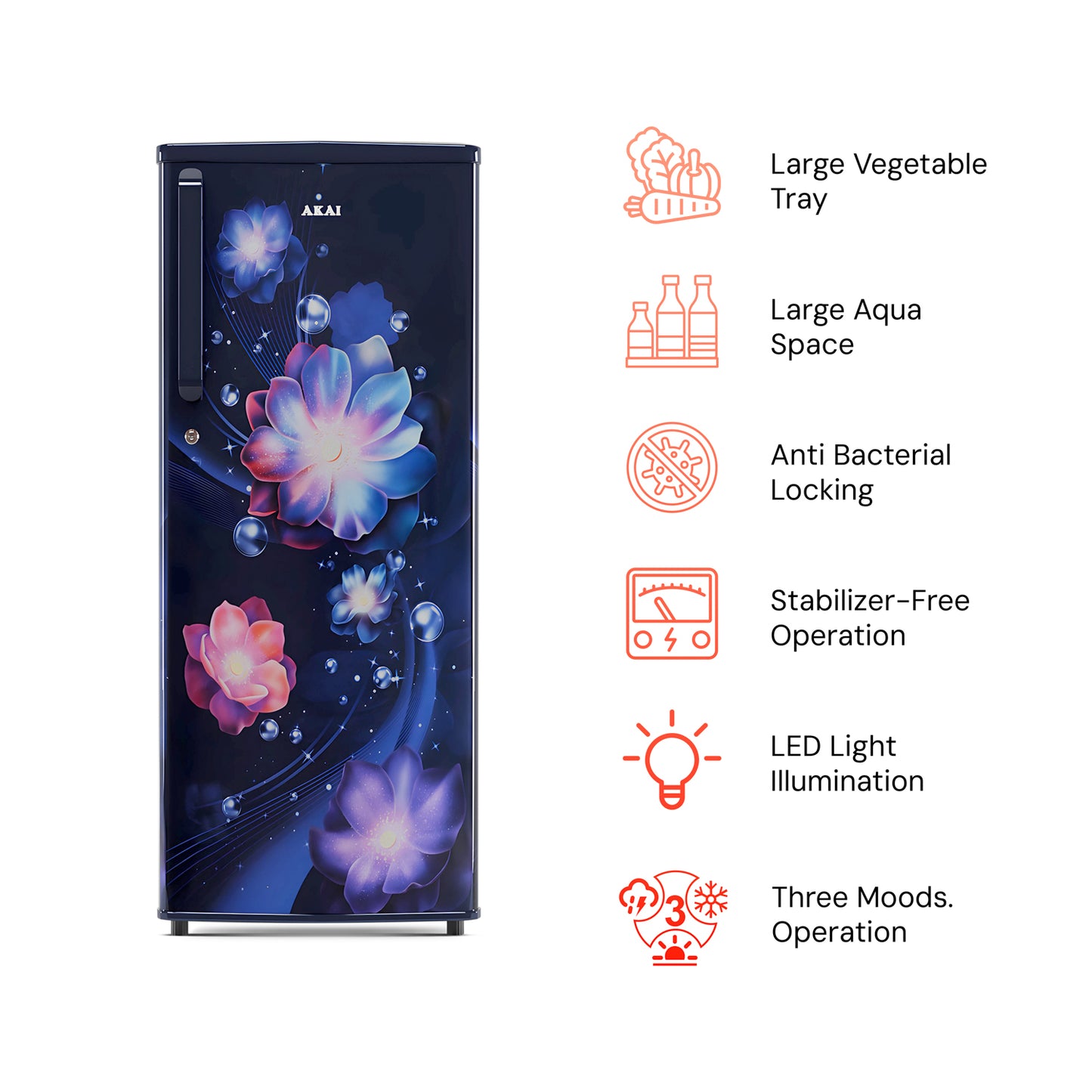 Akai 230L, 1 Star, Single Door Direct Cool Refrigerator (Continious Flower Blue) (AKDD2502-PCFB)