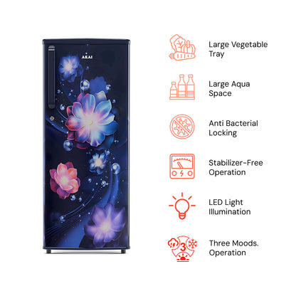 Akai 230L, 1 Star, Single Door Direct Cool Refrigerator (Continious Flower Blue) (AKDD2502-PCFB)