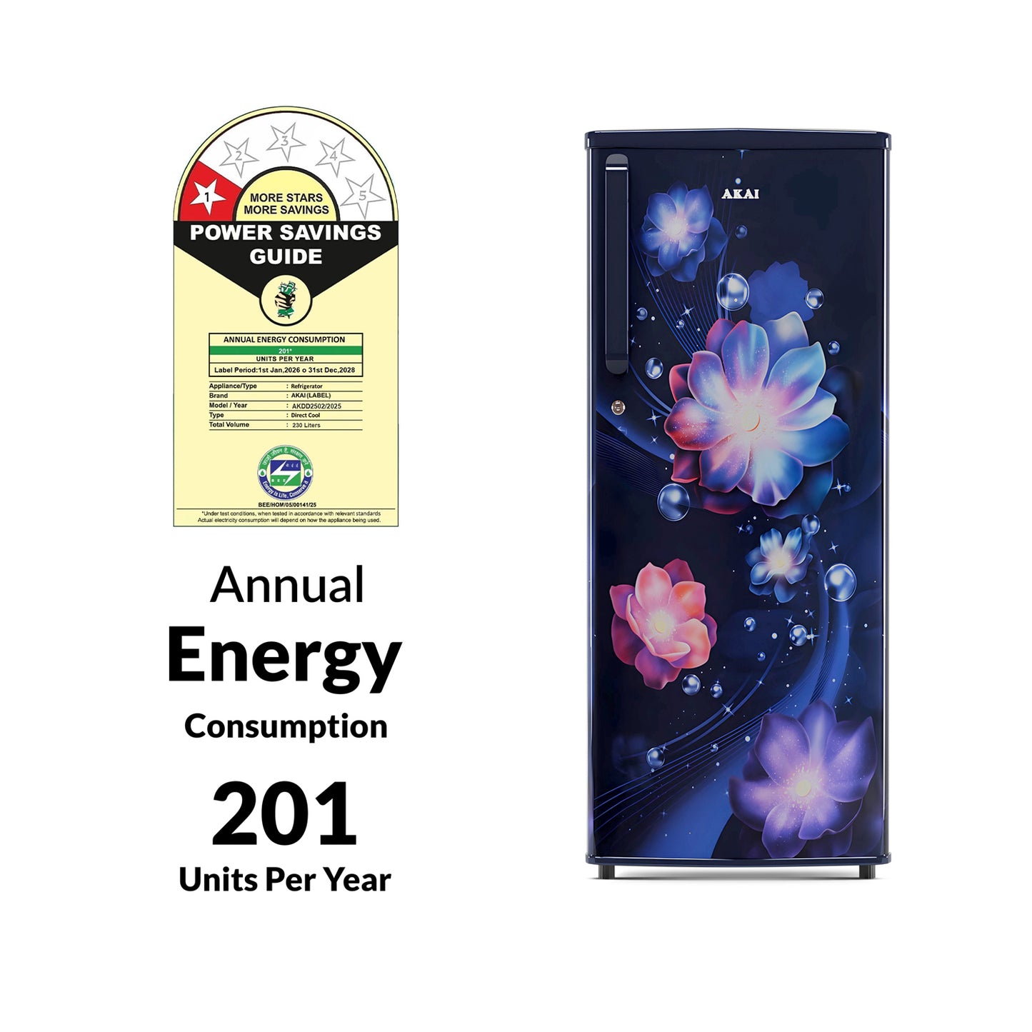 Akai 230L, 1 Star, Single Door Direct Cool Refrigerator (Continious Flower Blue) (AKDD2502-PCFB)