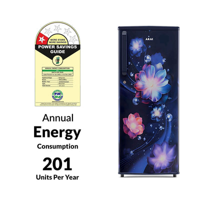 Akai 230L, 1 Star, Single Door Direct Cool Refrigerator (Continious Flower Blue) (AKDD2502-PCFB)
