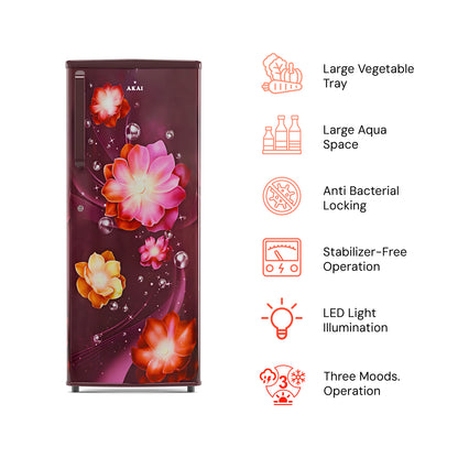 Akai 230L, 1 Star, Single Door Direct Cool Refrigerator (Continious Flower Wine) (AKDD2502-PCFW)