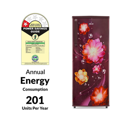 Akai 230L, 1 Star, Single Door Direct Cool Refrigerator (Continious Flower Wine) (AKDD2502-PCFW)