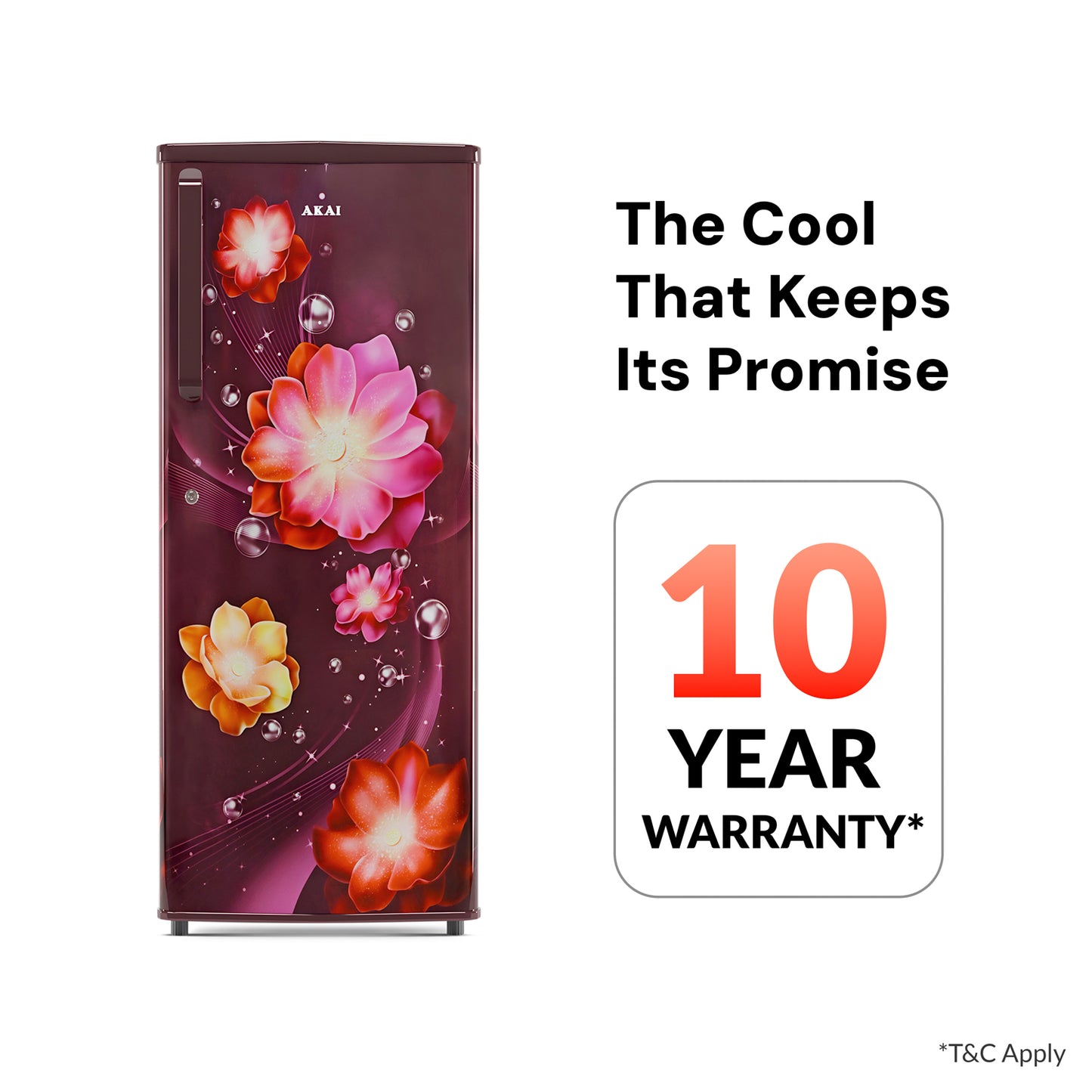 Akai 230L, 1 Star, Single Door Direct Cool Refrigerator (Continious Flower Wine) (AKDD2502-PCFW)