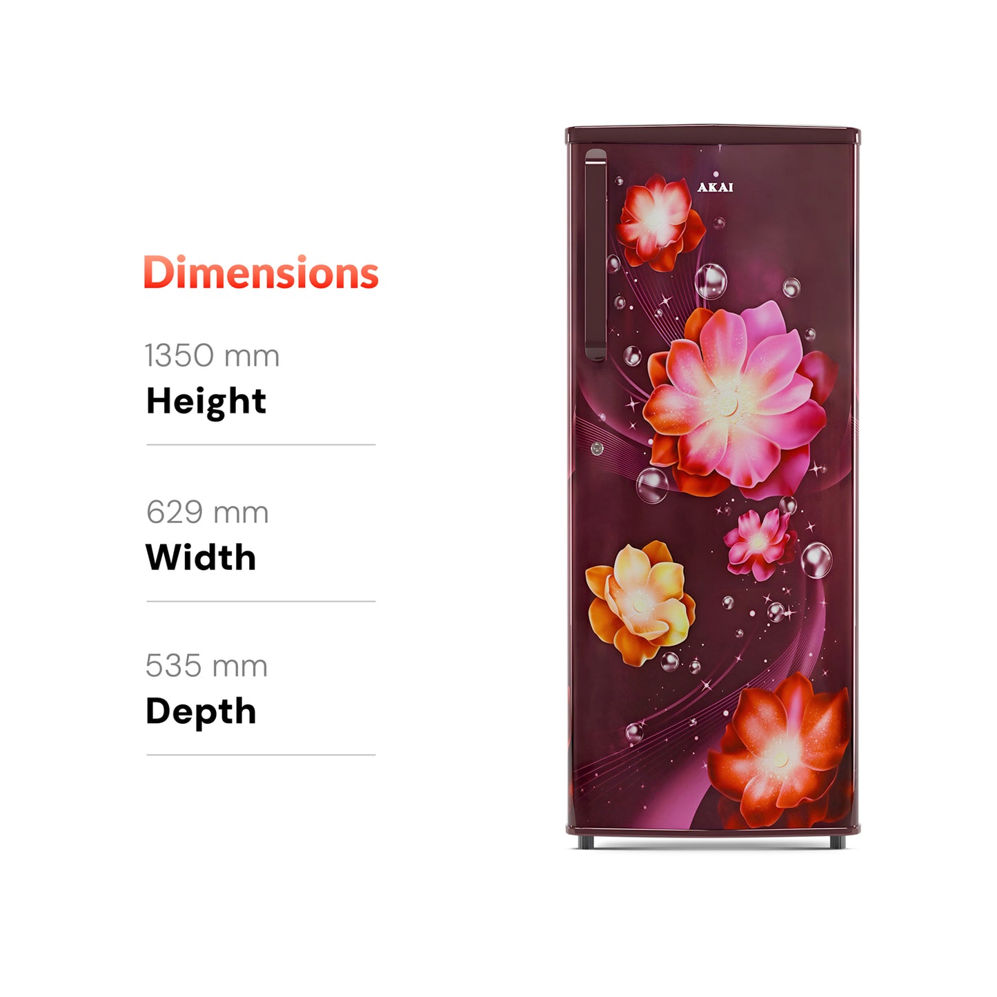 Akai 230L, 1 Star, Single Door Direct Cool Refrigerator (Continious Flower Wine) (AKDD2502-PCFW)