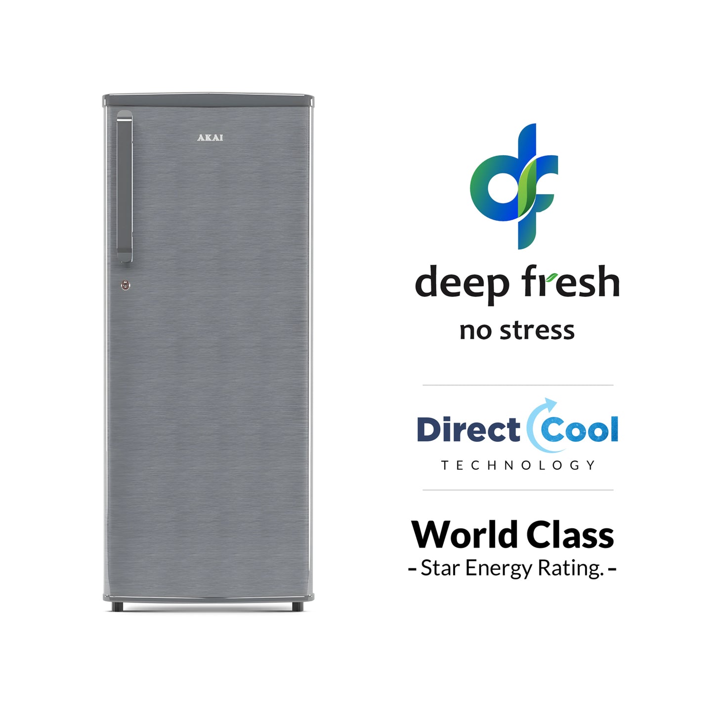 Akai 230L, 1 Star, Single Door Direct Cool Refrigerator (Hairline Grey Sliver) (AKDD2502-PHLG)