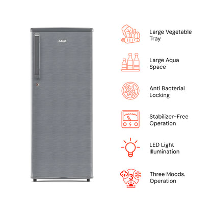 Akai 230L, 1 Star, Single Door Direct Cool Refrigerator (Hairline Grey Sliver) (AKDD2502-PHLG)