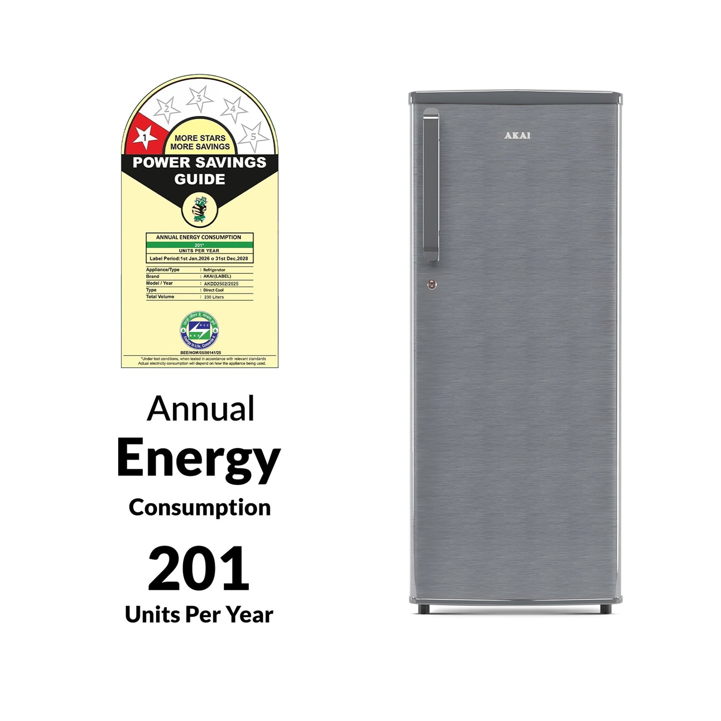 Akai 230L, 1 Star, Single Door Direct Cool Refrigerator (Hairline Grey Sliver) (AKDD2502-PHLG)