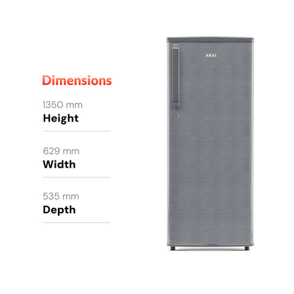 Akai 230L, 1 Star, Single Door Direct Cool Refrigerator (Hairline Grey Sliver) (AKDD2502-PHLG)