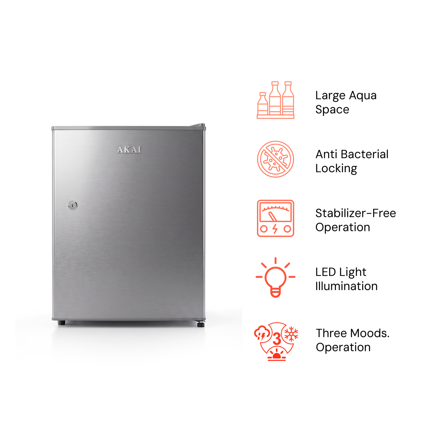 Akai 50L, 1 Star, Single Door Direct Cool Refrigerator (Hairline Grey Sliver) (AKDD502-PHLG)