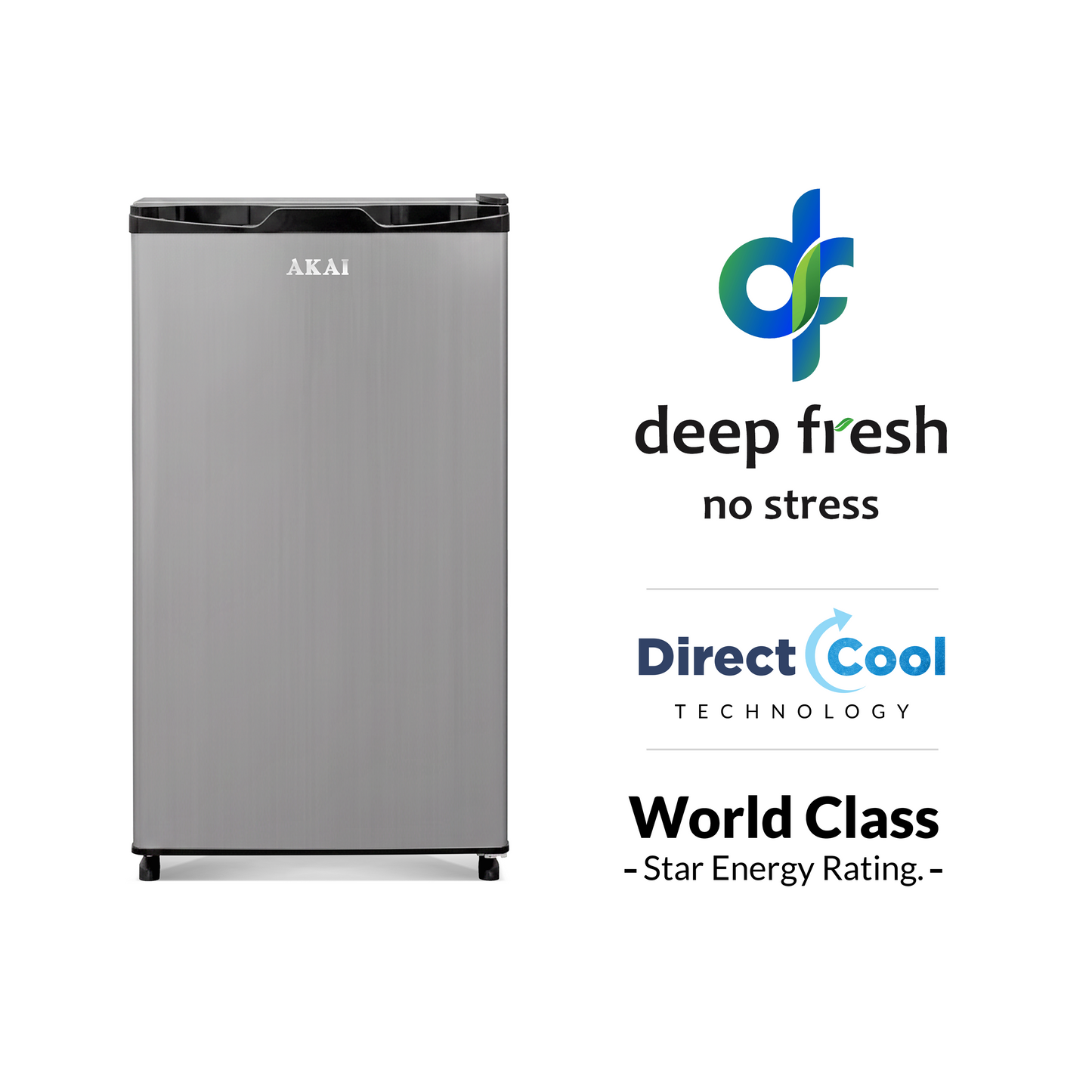 Akai 92L, 1 Star, Single Door Direct Cool Refrigerator (Hairline Grey Sliver) (AKDE1001-NHLS)