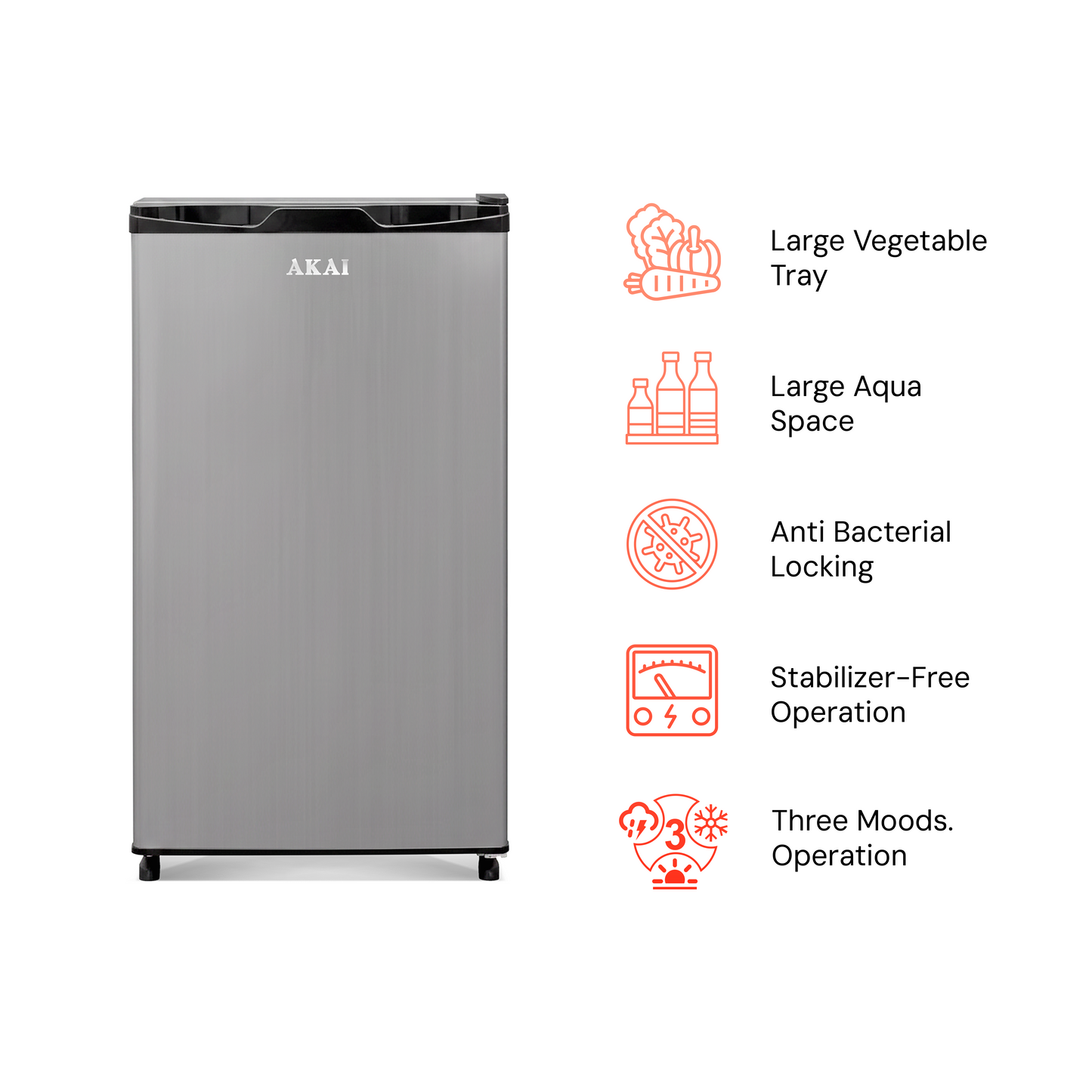 Akai 92L, 1 Star, Single Door Direct Cool Refrigerator (Hairline Grey Sliver) (AKDE1001-NHLS)