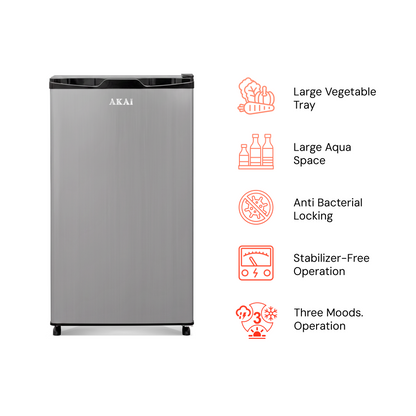 Akai 92L, 1 Star, Single Door Direct Cool Refrigerator (Hairline Grey Sliver) (AKDE1001-NHLS)