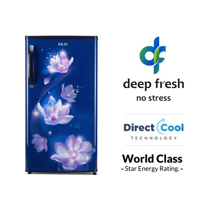 Akai 165L, 1 Star, Single Door Direct Cool Refrigerator (Point Flower Blue)