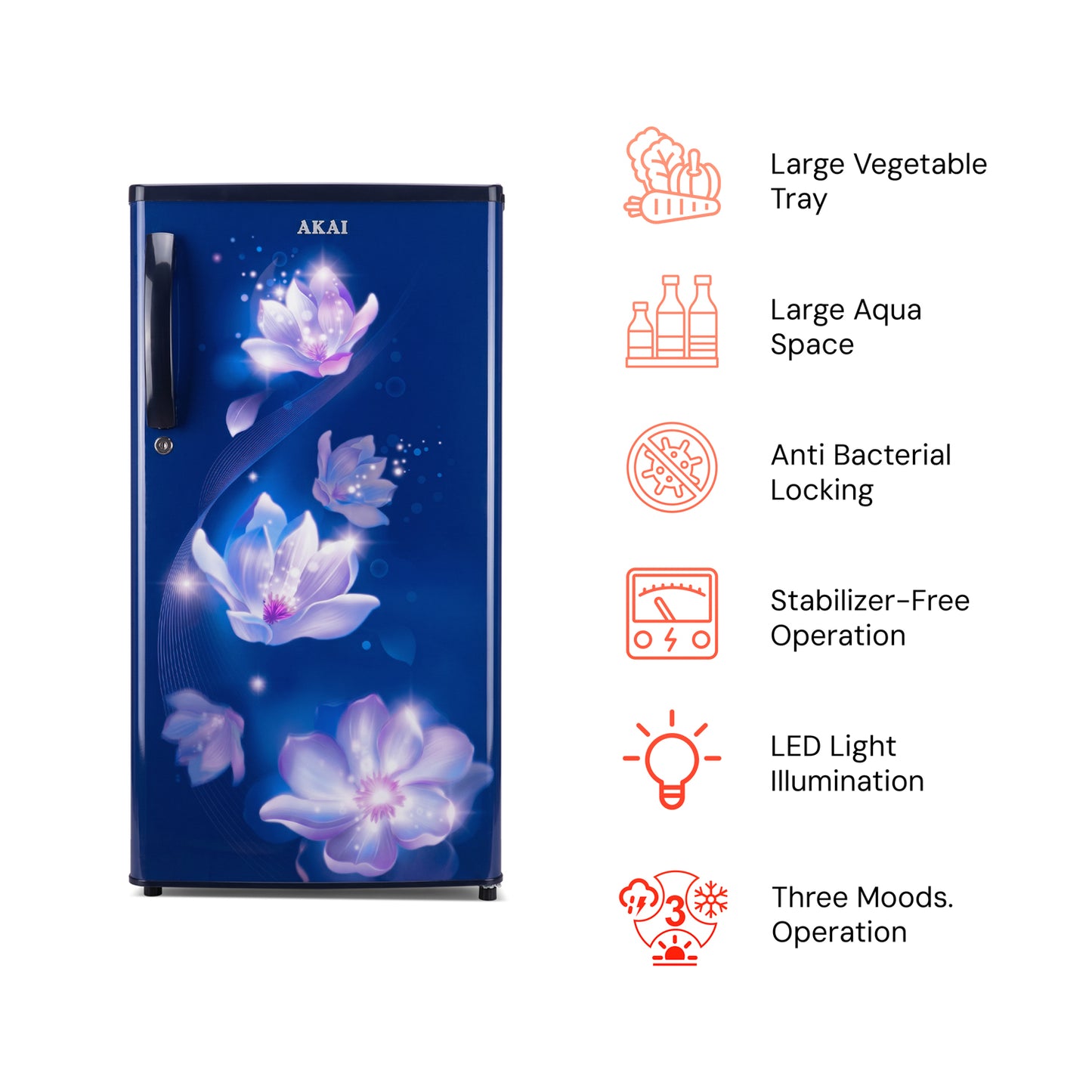 Akai 165L, 1 Star, Single Door Direct Cool Refrigerator (Point Flower Blue)