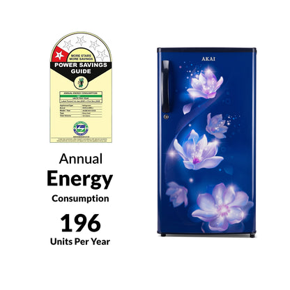 Akai 165L, 1 Star, Single Door Direct Cool Refrigerator (Point Flower Blue)
