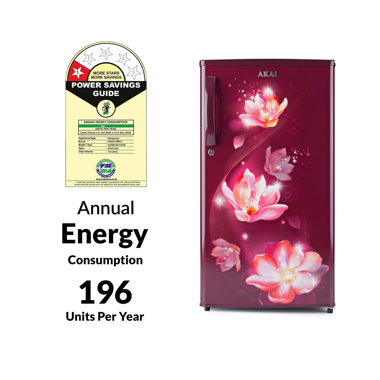 Akai 165L, 1 Star, Single Door Direct Cool Refrigerator (Point Flower Wine)