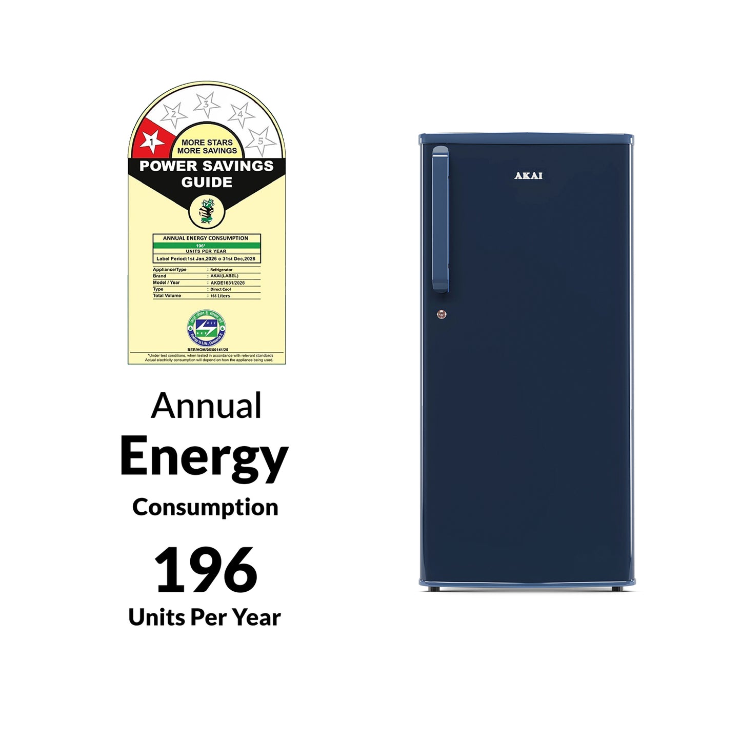 Akai 165L, 1 Star, Single Door Direct Cool Refrigerator (Solid Plain Blue)