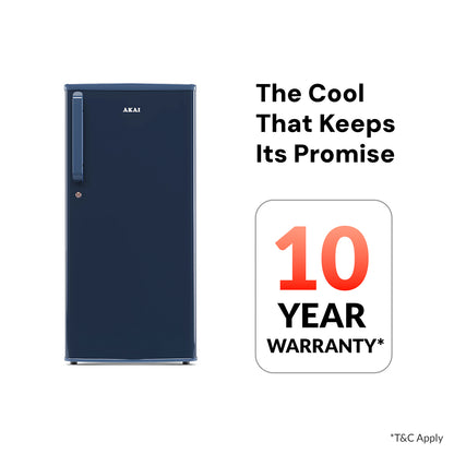 Akai 165L, 1 Star, Single Door Direct Cool Refrigerator (Solid Plain Blue)