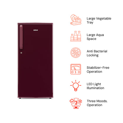 Akai 165L, 1 Star, Single Door Direct Cool Refrigerator (Solid Plain Wine)