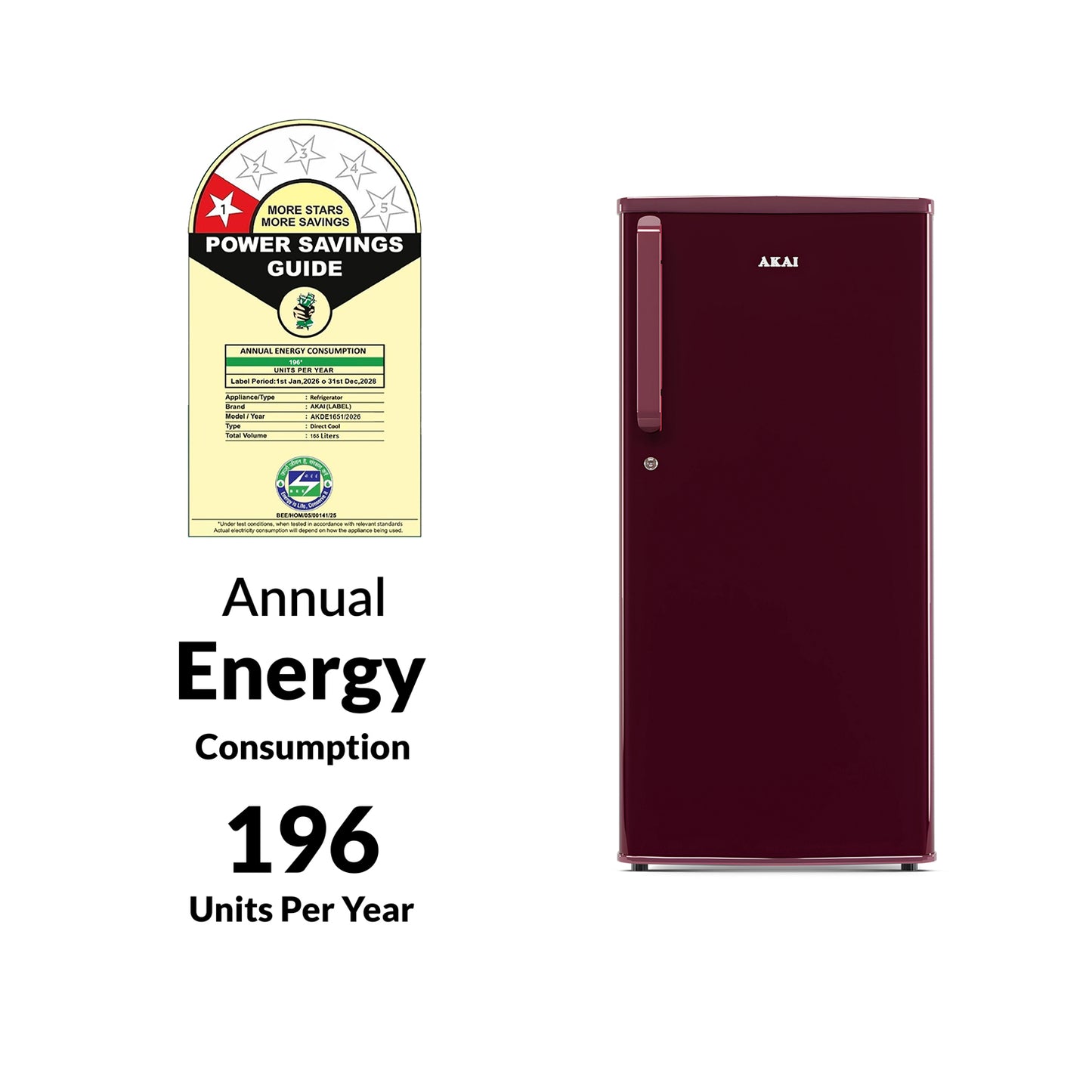 Akai 165L, 1 Star, Single Door Direct Cool Refrigerator (Solid Plain Wine)