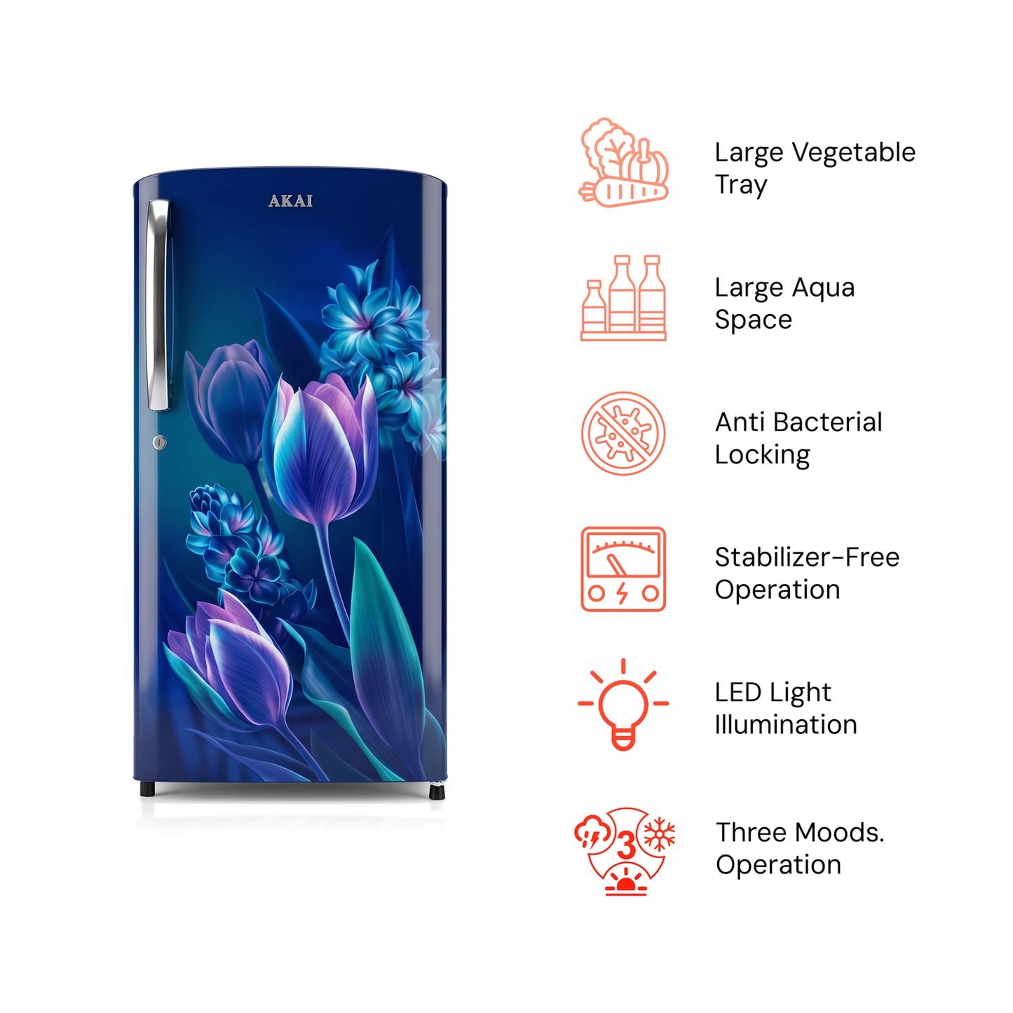 Akai 180L, 1 Star, Single Door Direct Cool Refrigerator (Point Flower Blue) (AKDE1801-CPFB)