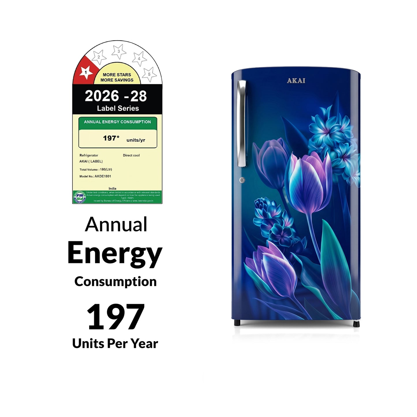 Akai 180L, 1 Star, Single Door Direct Cool Refrigerator (Point Flower Blue) (AKDE1801-CPFB)