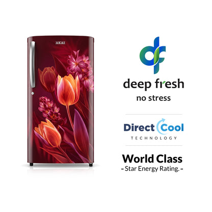 Akai 180L, 1 Star, Single Door Direct Cool Refrigerator (Point Flower Wine) (AKDE1801-CPFW)