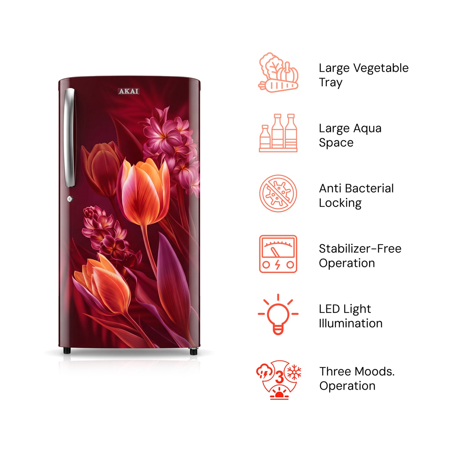 Akai 180L, 1 Star, Single Door Direct Cool Refrigerator (Point Flower Wine) (AKDE1801-CPFW)