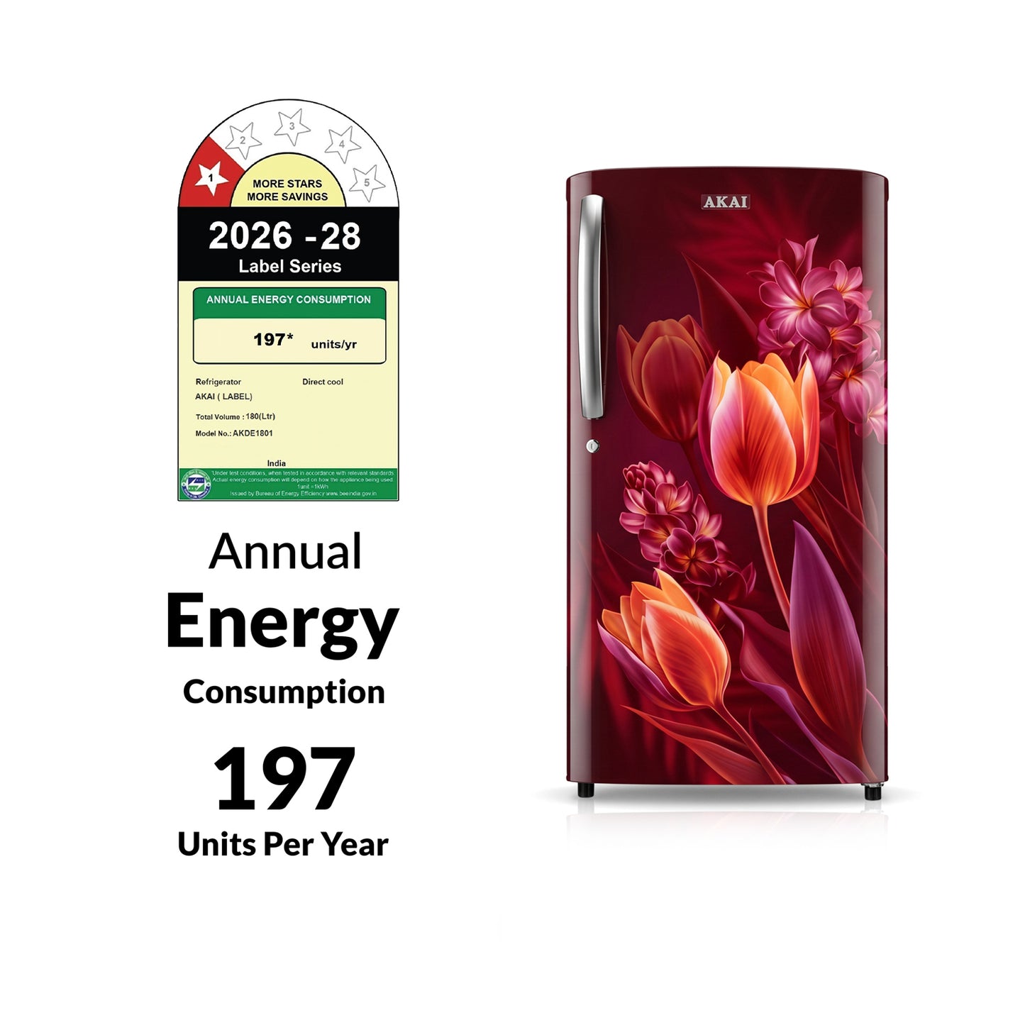 Akai 180L, 1 Star, Single Door Direct Cool Refrigerator (Point Flower Wine) (AKDE1801-CPFW)
