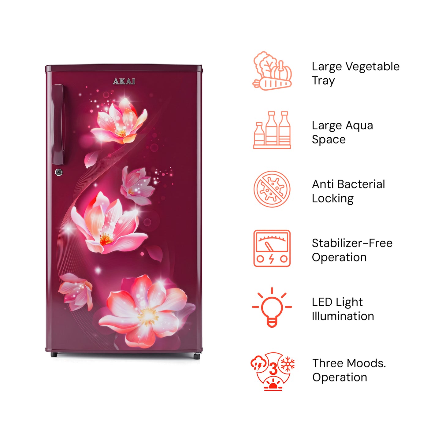 Akai 180L, 1 Star, Single Door Direct Cool Refrigerator (Point Flower Wine) (AKDE1801-NPFW)