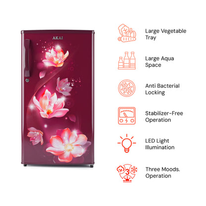 Akai 180L, 1 Star, Single Door Direct Cool Refrigerator (Point Flower Wine) (AKDE1801-NPFW)