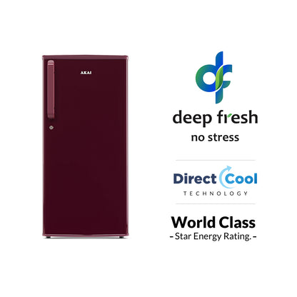 Akai 180L, 1 Star, Single Door Direct Cool Refrigerator (Solid Plain Wine) (AKDE1801-NSPW)