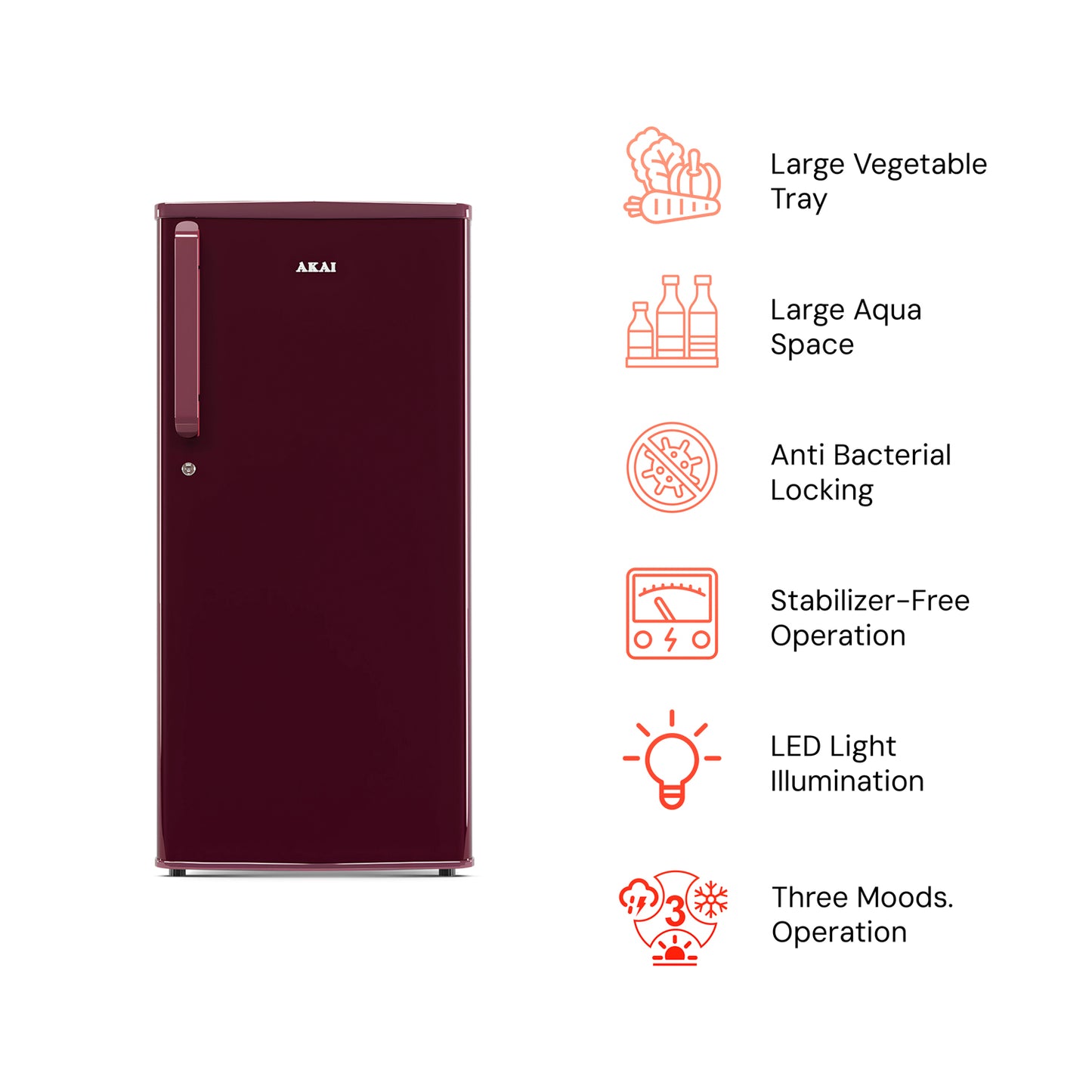 Akai 180L, 1 Star, Single Door Direct Cool Refrigerator (Solid Plain Wine) (AKDE1801-NSPW)
